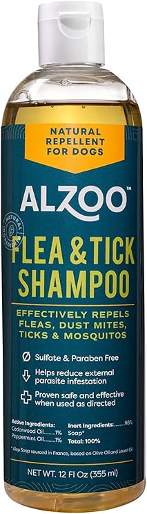 ALZOO Plant Based Flea and Tick Repellent Shampoo for Dogs, Effectively Repels Fleas, Ticks & Mosquitos, Plant-Based Active Ingredients, Sulfate & Paraben-Free, 12 Fl. Oz.