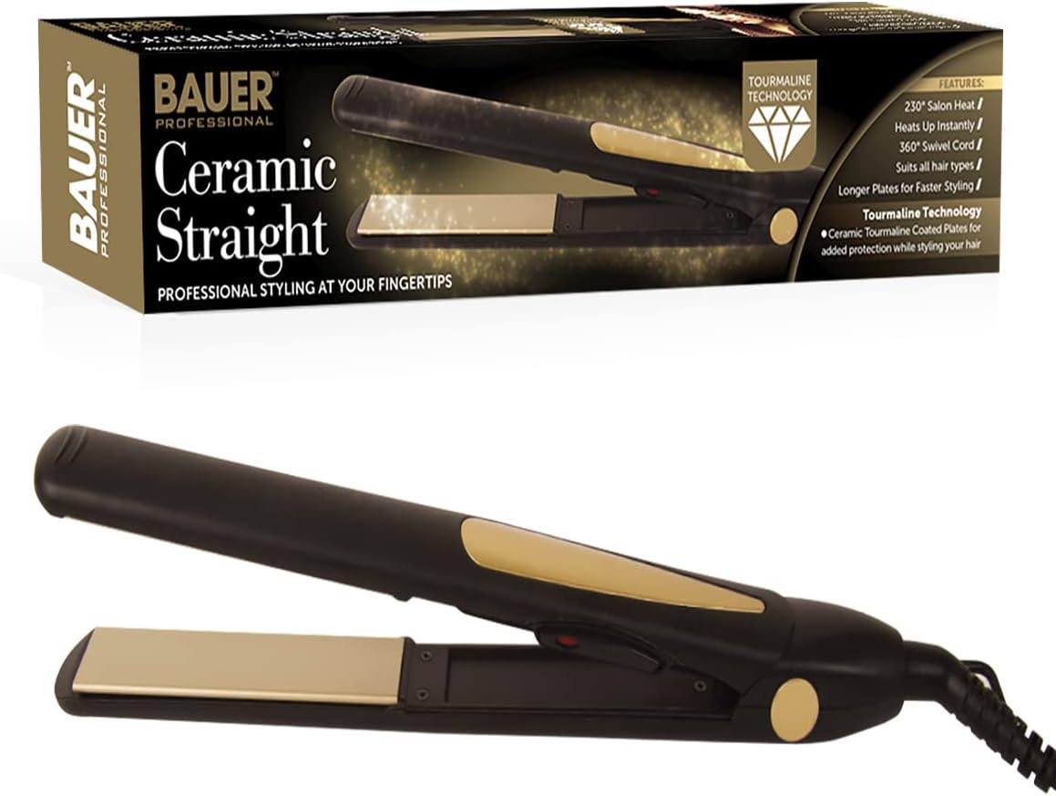 Bauer 38840 Ceramic Hair Straighteners - For All Hair Types - Portable - Fast Heating - 360° Swivel Cord - Safety Hanging Loop