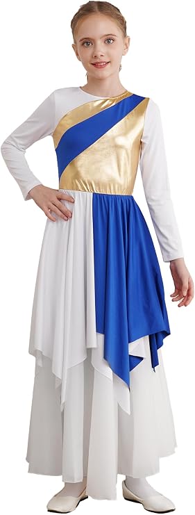 Kids Girls Long Sleeves Metallic Chiffon Lyrical Dance Dress Church Praise Tunic Overlay Dress