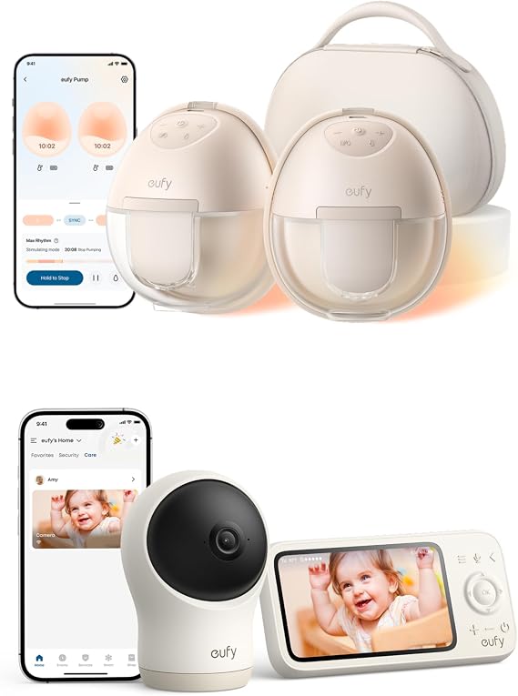 eufy Heated Wearable Breast Pump S1 Pro with Baby Monitor C10, Slim Hands-Free with Industry-Leading HeatFlow Tech, Wireless Charging Case, App-Controlled OptiRhythm