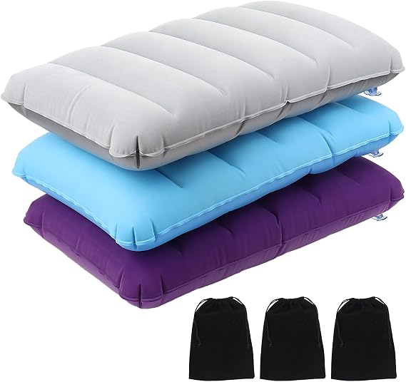 3Pcs Inflatable Flocking Cushion, Soft Blow Up Travel Camping Pillow | Ultralight Compressible Compact Air Pillow with 3 Storage Bags, Waterproof Beach Hiking Picnic Cushion