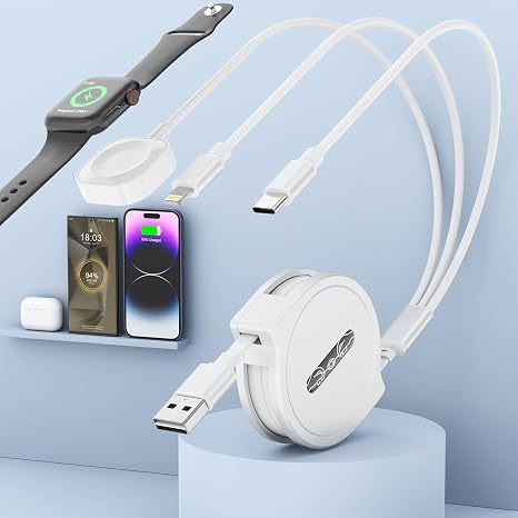 2025 Retractable iWatch Charging, 3 in 1 Retractable Multi Apple Watch Charging, USB Charging Cable 3 Chargers Simultaneous 3A Rapid for Apple Watch Series, iPhone & Pad Series Galaxy (Black)