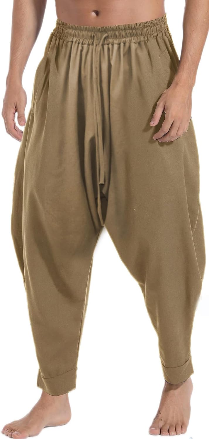 AITFINEISM Men's Drawstring Aladdin Hippie Harem Pants Loose Drop Crotch Trousers