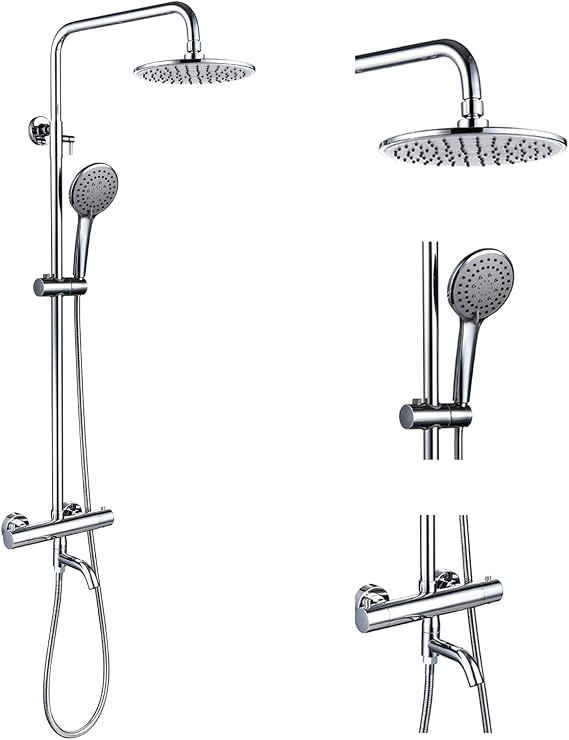 Outdoor Shower Faucet Set 8" Round Shower Head 3 Function Thermostatic Rainfall Shower Faucet Set Handheld Sprayer with Constant Temperature Polished Chrome with Height Adjustable Slide Bar