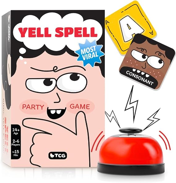 Yell Spell Word Game, Race to Ring The Bell in Fast Competitive Letter game with engaging wordplay. Card Games for Game Nights, Easy to learn Teen Party Games & Adults Board games for 2 - 6 Players