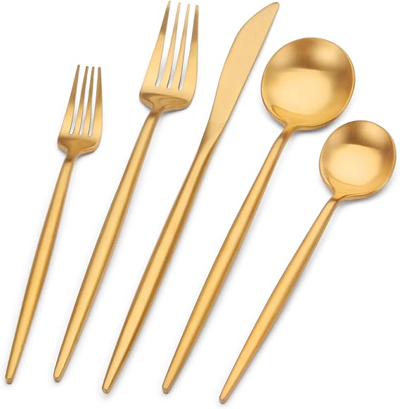Matte Gold Silverware Set Stainless Steel Satin Finish Flatware Cutlery Set Service for 4, 20-Piece Spoons and Forks Kitchen Utensil Set, Dishwasher Safe (Matte Gold, 20 P)