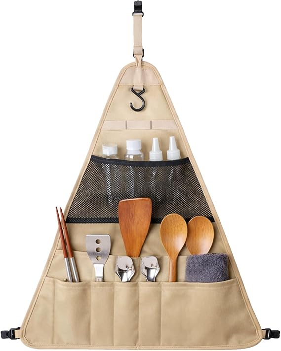 Camping Tableware Bag - Large Portable Outdoor Cutlery Organizer, Hanging Utensil Storage Pouch for BBQ, Hiking, Backpacking, Picnic, Kitchenware Accessories, Khaki Travel Cookware Kit (L)