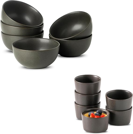 Ramekins 4 oz, Oven Safe Souffle Dishes for Creme Brulee + Stoneware Soup Bowls, 24 oz Cereal Bowls Set of 6, Matte Black