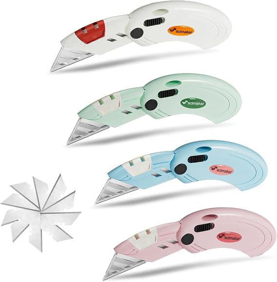 Folding Box Cutters Utility Knife Set Lightweight 4 - Piece Razor Knives Back-lock Mechanism with Extra 10 Blades