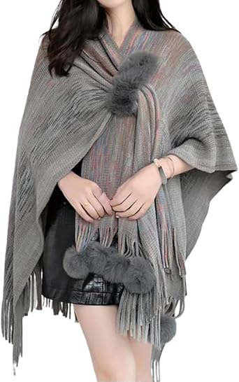 Women's Sweater Poncho Cape Coat Open Front Color Gradient Blanket Shawls and Wraps with Tassels Pompoms