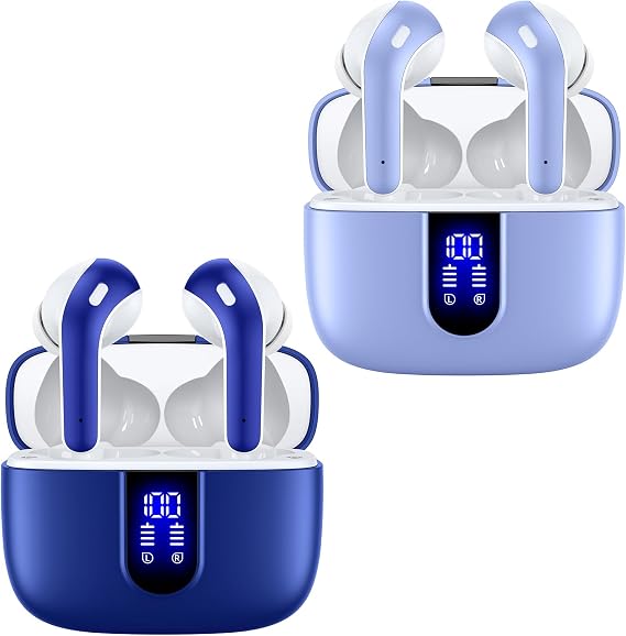 TAGRY 2 Sets X08 Ocean Blue and Purple Bluetooth Headphones True Wireless Earbuds 60H Playback Ear Buds with Wireless Charging Case in-Ear Earbuds with Mic