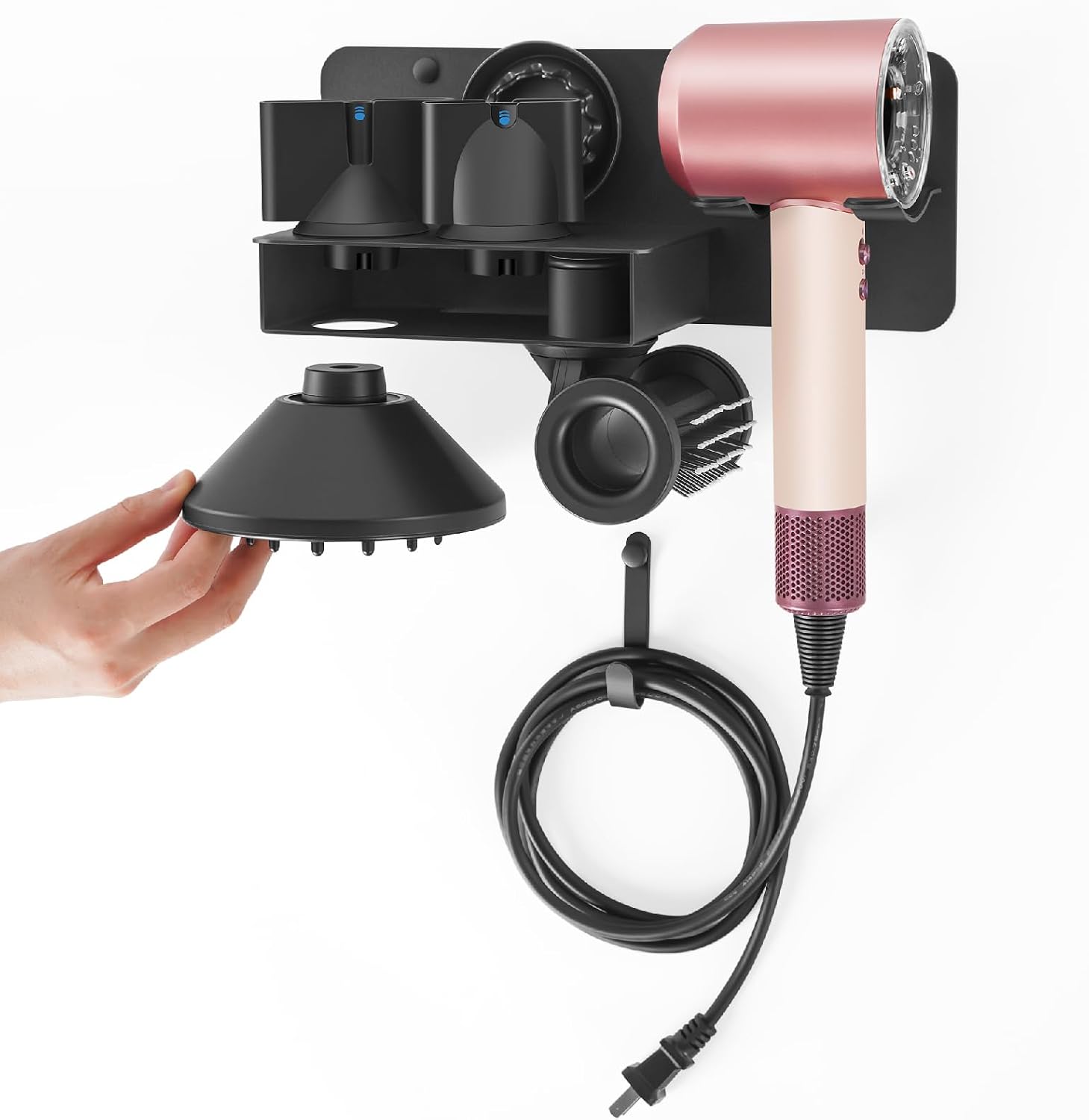Hair Dryer Holder, Hairdryer Holder Wall Mounted for Dyson, Hair Dryer Holder Compatible with Dyson Supersonic Nural, Metal Hair Dryer Stand with Plug Cord Hook and Nozzle Storage