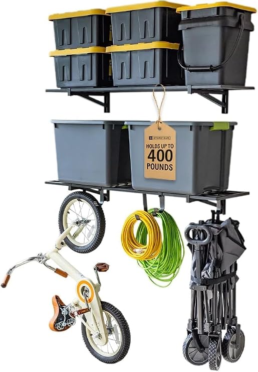 StoreYourBoard Garage Shelving Wall Mounted | 1x4 Heavy Duty Garage Wall Shelves 2-Pack, 12 Deep x 46.5 Long | Steel Wall Shelf Garage Storage Rack with Hooks, 200 lb Each / 400 lb Total, Black