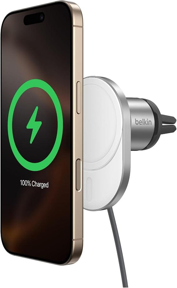 Belkin 15W MagSafe-Compatible Wireless Car Charger, Vent Mount | iPhone 17/16/15/14/13, Pixel 10 compatible, fast charging, secure vent mount, hands-free driving