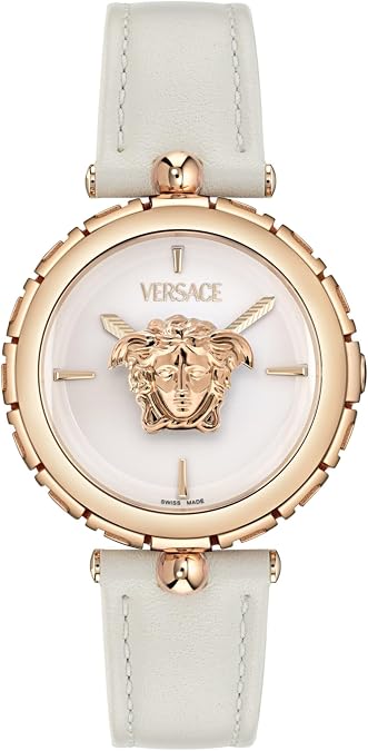 Versace Medusa Jewel Womens Watch, Swiss Made Luxury Designer Watch with Grey Guilloche Dial, Rose Gold IP 34mm Case, White Calf Leather Strap, Ardillon Clasp, 3 ATM
