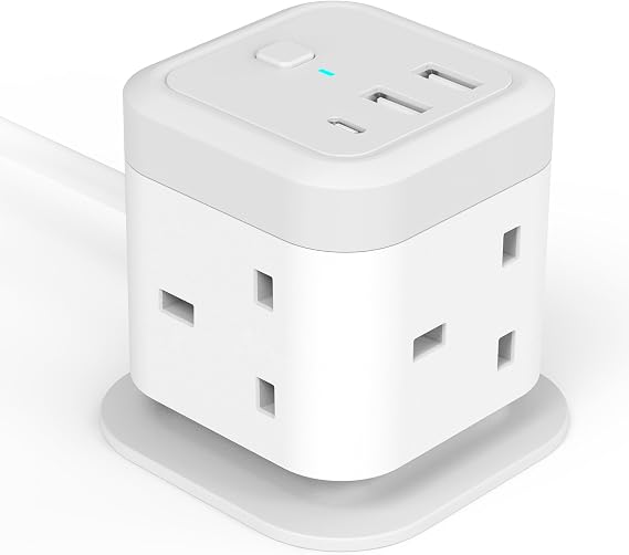 Tower Extension Lead with USB Slots 4 Way Cube Multi Plug with 1.5M Cable