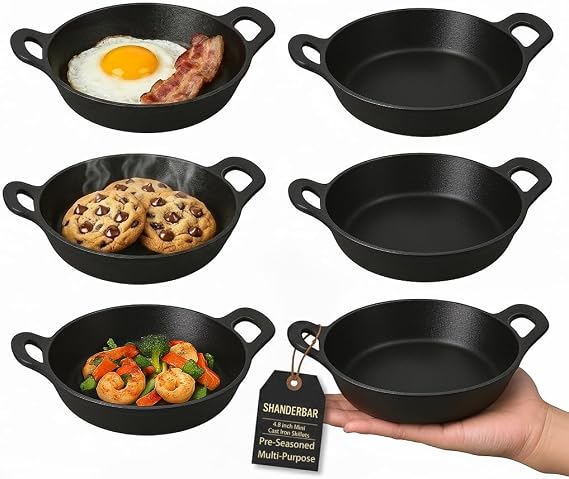 Set of 6 Mini Cast Iron Skillets with Handle, 4.8 x 4.8 x 1.3 Inch | Small Cast Iron Pan, Mini Ramekins Round Black Casserole Dish for Food Serving, Frying, Baking, Cooking & Roasting