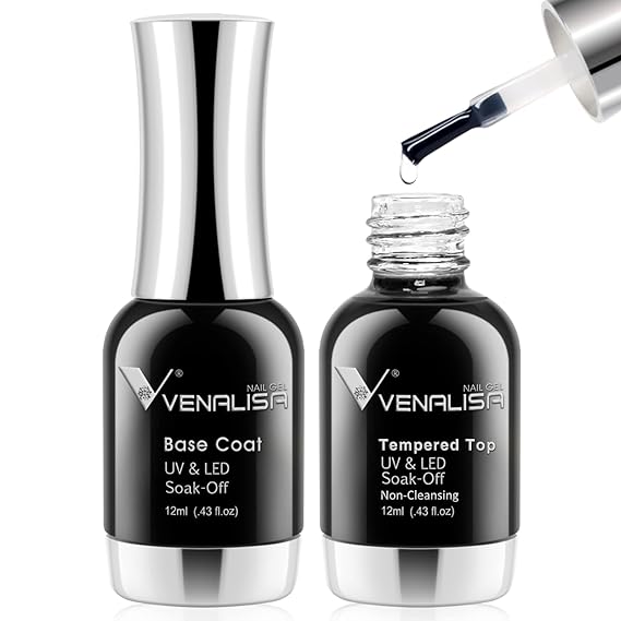VENALISA 2 Pcs No Wipe Tempered Gel Top Coat and Base Coat Set Gel Nail Polish, Nail Gel Polish Nail Art Starter Manicure Salon DIY at Home