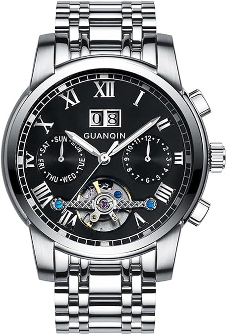 GUANQIN Men Skeleton Multifunctional Dial Automatic Self-Wind Mechanical Watch Sapphire Crystal Business Double-Sided Hollow Waterproof Clock Luminous Steel or Leather Band Wristwatch