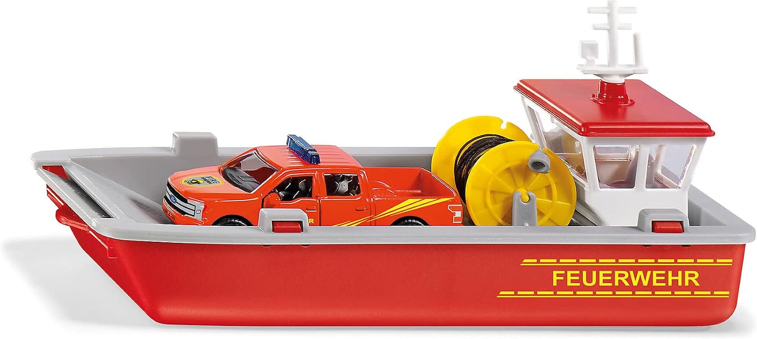 Siku 2117, Fire Brigade Workboat, 1:50, MetalPlastic, RedYellow, Incl. Ford F150 Pick-Up and Sticker Sheet