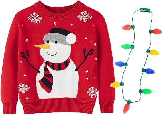 Light Up Ugly Christmas Sweater Kids Girls Boys Snowman Reindeer Xmas Holiday LED Pullover Sweater 2-9 Yeas Old