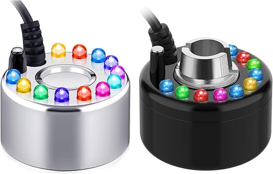 Yaomiao 2 Piece Halloween Mist Maker Fogger Small Ultrasonic Fog Machine Fountain Mister Fogger Water Garden Pond Foggers Air Humidifier with 12 LED Light Flashes for Halloween (Black and Silver)