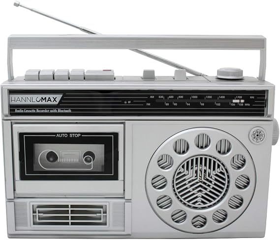 HANNLOMAX HX-601K Portable AM/FM Radio Cassette Recorder with Bluetooth, Records from Built-in Mic or Radio, Headphone Jack, AC/DC Operation. (Silver)