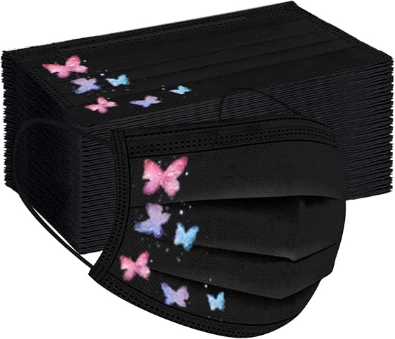 50Pack Black Disposable Face Masks Butterfly Printed Breathable Masks for Women Men 3 Ply Face Full Protection