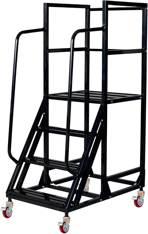 4 Step Rolling Ladder with Handrails, 1100 lbs Capacity Heavy Duty Mobile Warehouse Ladder with Wheels, Industrial Steel Non-Slip Rolling Stairs with Large Platform, for Garage Stockroom Library