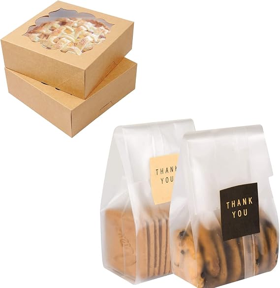 LOKQING 100 Pack Plastic Cookie Bags Treat Bags and 20 Pack 9x9x3in Brown Pie Boxes with Window