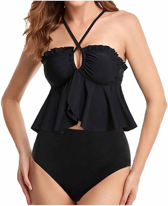 Women Swimsuit Two Piece Bathing Suits High Waisted Ruffle Tankini Set Criss Cross Tummy Control Comfy Swimwear