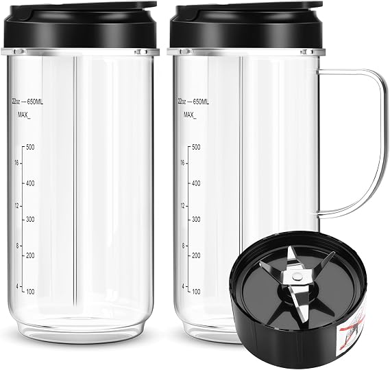 UBYNID 2 Pack Magic Bullet Blender Cups, Tall 22oz Cup with Flip Top To-Go Lid & 4 Fins Cross Blade Blender Replacement Parts, Replacement Cup Mug with Handle Compatible with Magic Bullet 250w MB1001