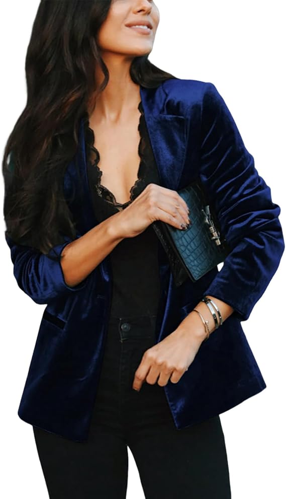 Velvet Blazers for Women Long Sleeve Notched Lapel Blazer Work Office Formal Events Velvet Jacket Coat with Pockets(Royal Blue M)