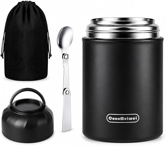 Thermo for Hot Food & Drinks, Thermo Lunch Box, 17oz Vacuum Insulated Food Container with Spoon&Drawstring Bag, Soup Thermo for Adults, Black