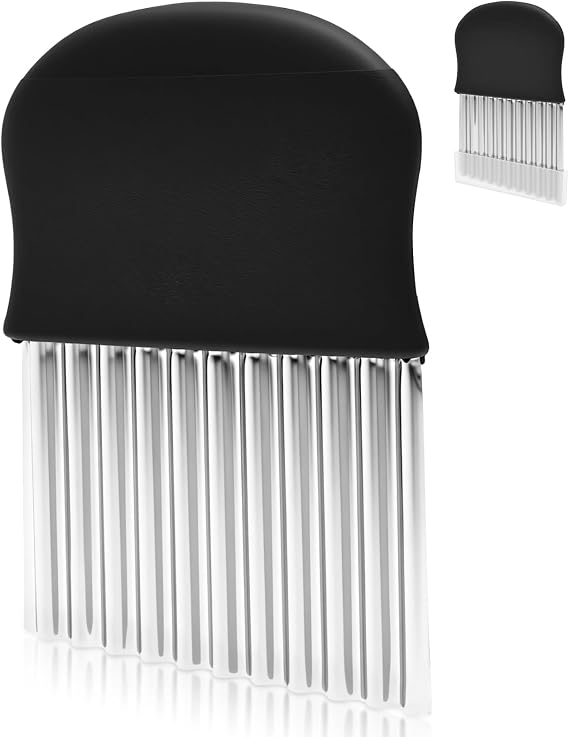 Crinkle Cutter Knife, Ergonomic Potatoes Crinkle Fry Cut and Vegetable Cutter Stainless Steel Carrot Slicer for Fries Chips Carrots Cucumbers Fruit Home Kitchen Tool(Black)