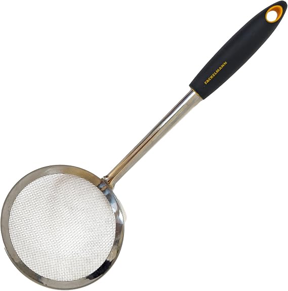 Fackelmann Soft Mesh Skimmer, Stainless Steel and Polypropylene Handle with Soft Touch, Non-Slip and Ergonomic, Suitable for Frying and Foaming, 30 x 11 x 8 cm, Orange and Grey, 1 pc.