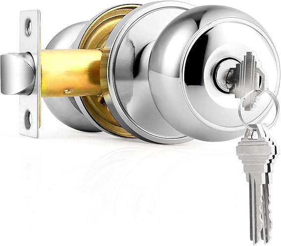 Probrico Polished Chrome Keyed Entry Door Knob, Interior Exterior Entry Door Locks, Entrance Lockset[Lock with Three Keys]