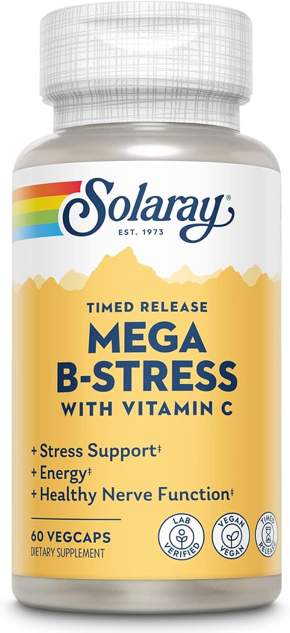 SOLARAY Mega Vitamin B-Stress, Timed-Release Vitamin B Complex with 1000 mg of Vitamin C for Stress, Energy, Red Blood Cell & Immune Support, Vegan, 20 Servings, 60 VegCaps