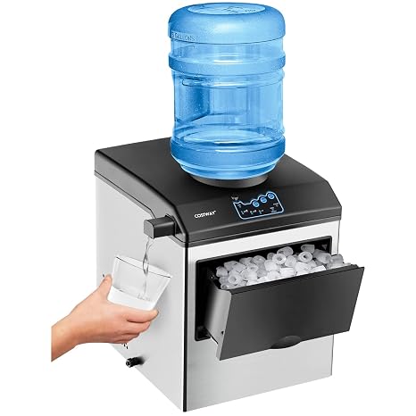 COSTWAY 2 in 1 Countertop Ice Maker Built-in Water Dispenser, 48Lbs/24H | S/M/L Size Ice Cube, 5LBS Ice Storage Basket, Fast 6 Mins, Stainless Steel Ice Machine with Extendable Chilled Water Spout