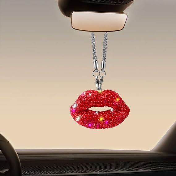 Bling Lip Diamond Car Hanging Accessories for Women, Crystal Rhinestone Car Rear View Mirror Charm, Lucky Vehicle Decor Pendant Auto Interior Ornament Accessories, Valentine's Day Present (Red)
