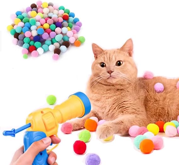 50pcs Cat Toy Ball Launcher Set Colorful Plush Toys Pom Pom Balls for Cats | Colorful Plush Pom Balls, Self Play, Interactive, Indoor Cats Enrichment, Shooting