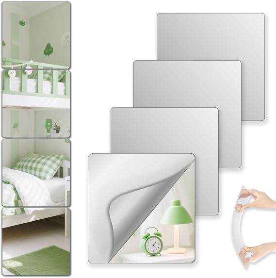Unbreakable Small Wall Mirror Tiles, 4 pcs 8x8 Unbreakable Small Mirrors for Wall Classroom Decor, Toddlers Mirror for Kids Bedroom, Plastic Door Adhesive Mirror and Classroom Mirrors