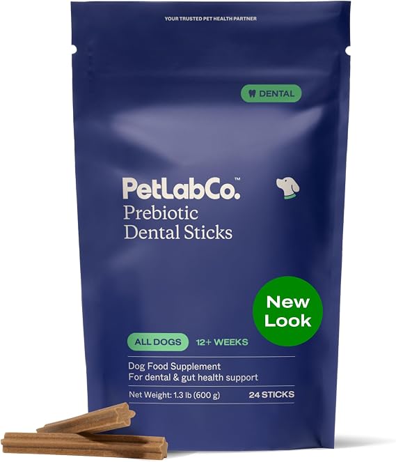 PetLab Co. Dental Sticks Dog Dental Chews -Target Plaque & Tartar Build-Up at The Source - Designed to Maintain Your Dogs Oral Health, Keep Breath Fresh and Provide Digestive Help (24 Sticks) | Ridged texture with chicory root prebiotic and peppermint to support tartar removal, digestion and fresh breath