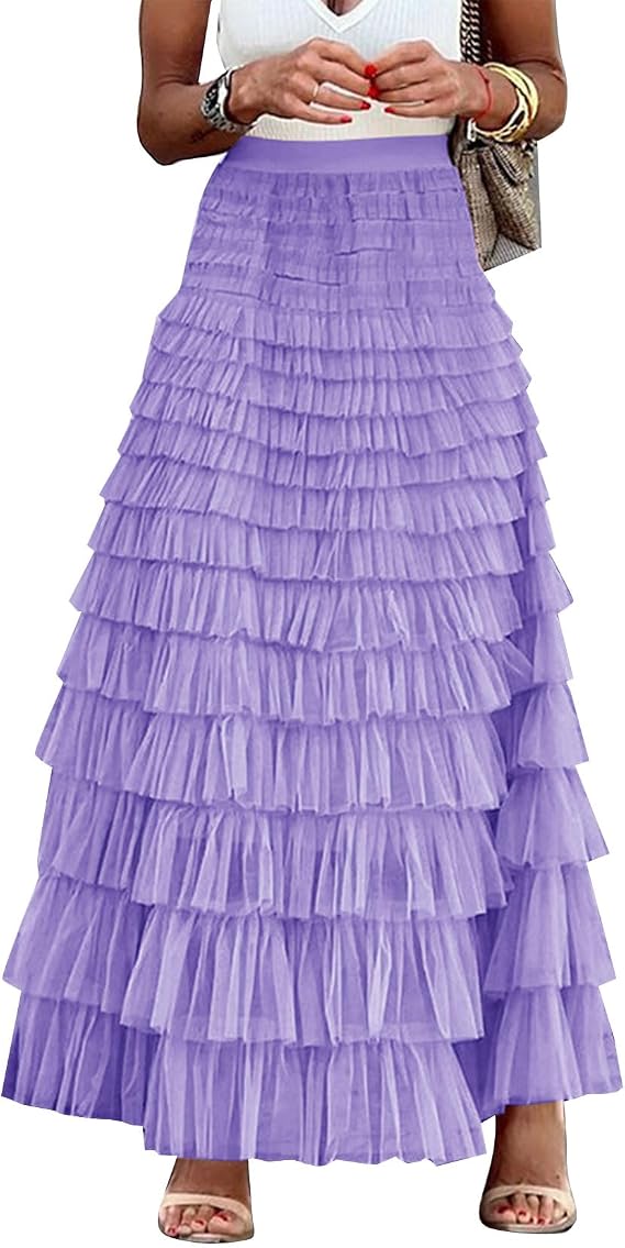 Flygo Women Long Maxi Tiered Tulle Skirts A Line Ruffle Layered Fairy Skirt | Elastic Waist Long Mesh Flowy Tutu Skirt,Solid Color & Polka Dots,Fall Outfits,Cocktail,Wedding Guest,Vacation & Beach
