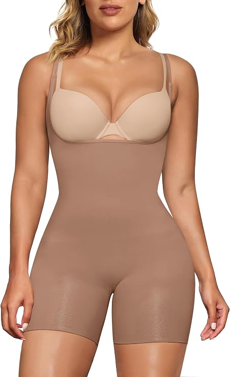 SHAPERX Open Bust Shapewear Bodysuit for Women, Tummy Control Body Shaper, Mid-Thigh Seamless Compression Shorts, Butt Lifting & Thigh Smoothing Shapewear with Adjustable Straps