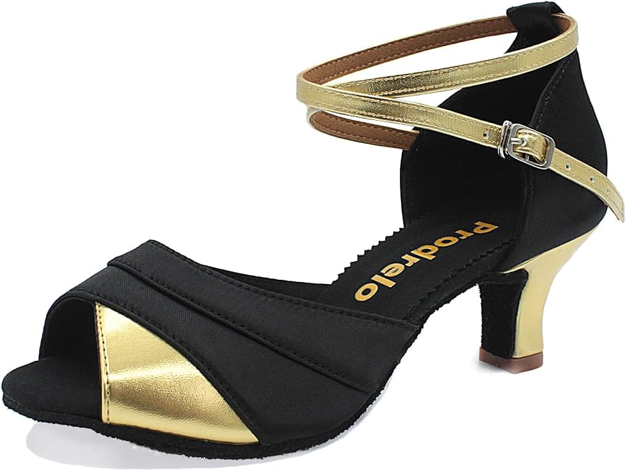 Women's Latin Salsa Dance Shoes,Black Satin Ballroom Heels
