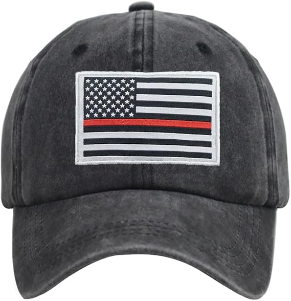 Thin Red Line American Flag Hat, Cotton Adjustable Embroidered Firefighter Baseball Cap for Men Women