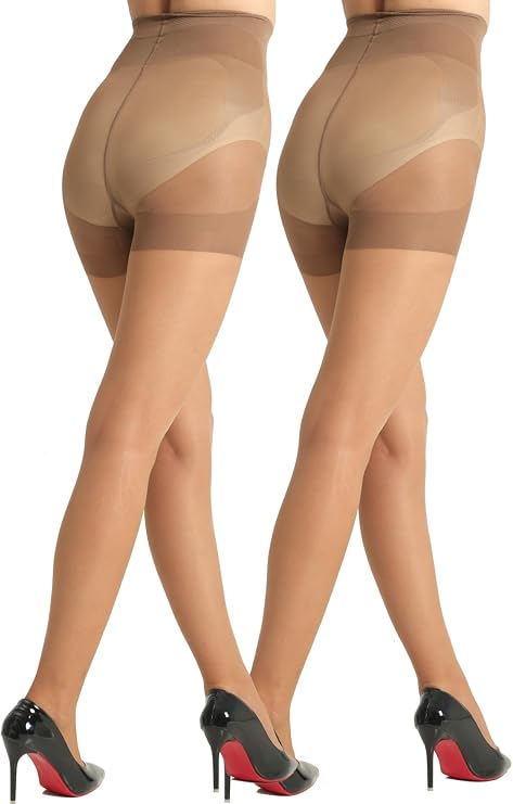 MERYLURE Tummy Control Pantyhose for Women, Control Top Black Tights 20D Sheer Shaping Nylon Support Stockings 2 Pairs