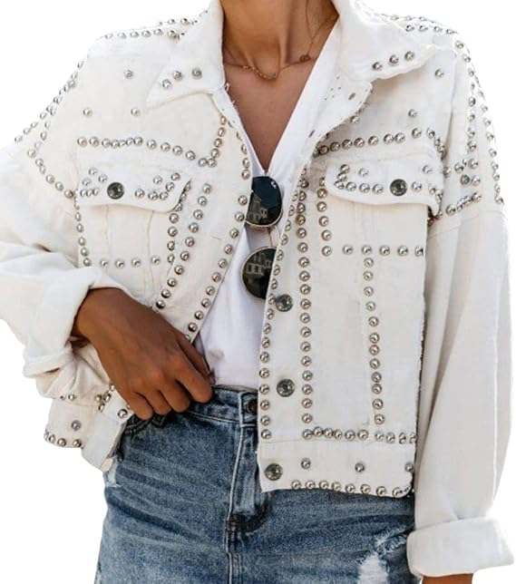 Omoone Women's Long Sleeve Rivet Studded Denim Jacket Casual Washed Short Jean Coat Western Outfits