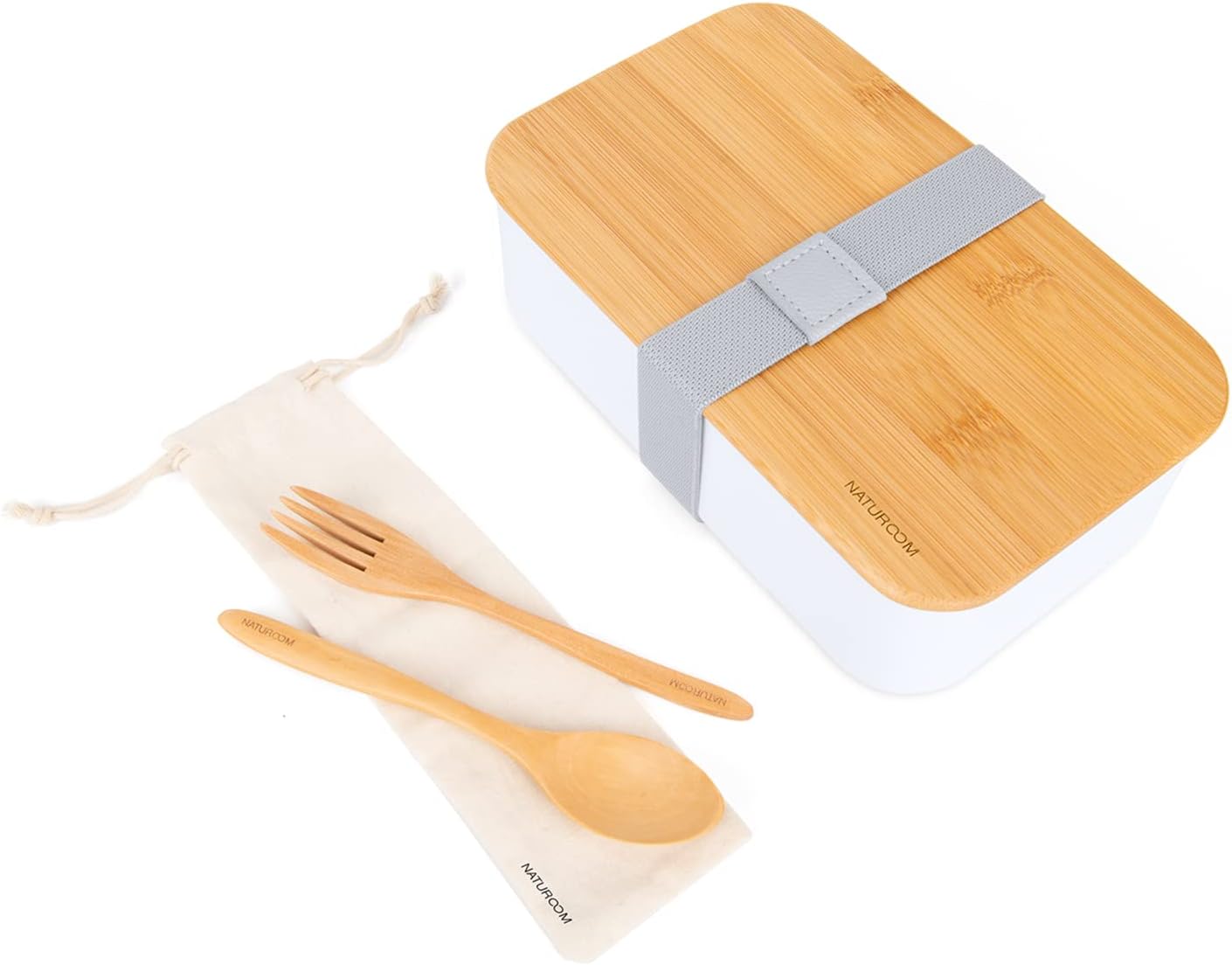 Naturoom Bento Lunch Box for AdultsKids, Including 1 Food Container with 1 Divider, 1 Wooden Cutlery Set 1 Fork&1 Spoon with 1 Cotton Pouch and 1 Bamboo Chopping Board Lid, BPA Free